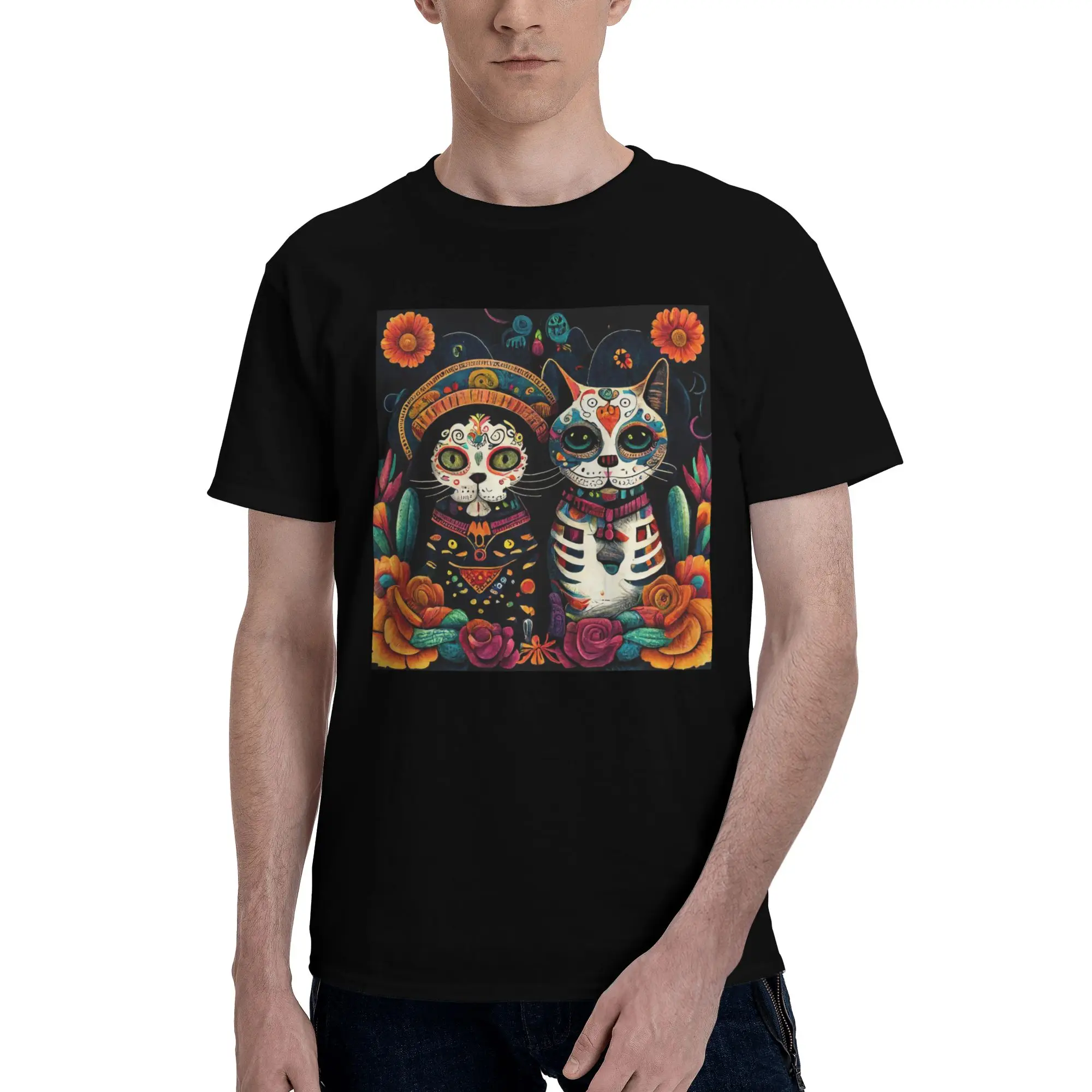 

Day Of The Dead Kitten Cat Sugar Skull Dia de Los Muertos 100% Cotton T-Shirt Men'sOversized T Shirts Men O-Neck Short Sleeve