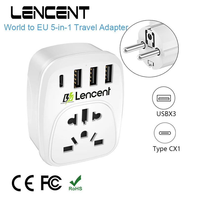 LENCENT World to  EU Travel Adapter with 1 AC Outlet 3 USB 1 Type C Port Power Adapter Overload Protection 6-in-1 Wall Socket