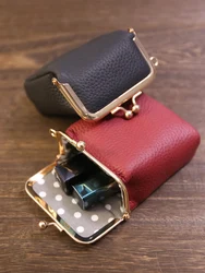 Lipstick Bag Ladies Soft Genuine Leather Lipstick Case Multifunctional Mini Convenient Metal Clip Cosmetic Coin Makeup Purse