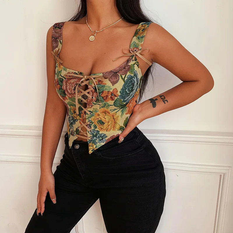 Vintage Corset Women Sleeveless Floral Printed Low-Cut Hollow Bandage Bustier Waist Strappy Vest Retro Cropped Tank Tops