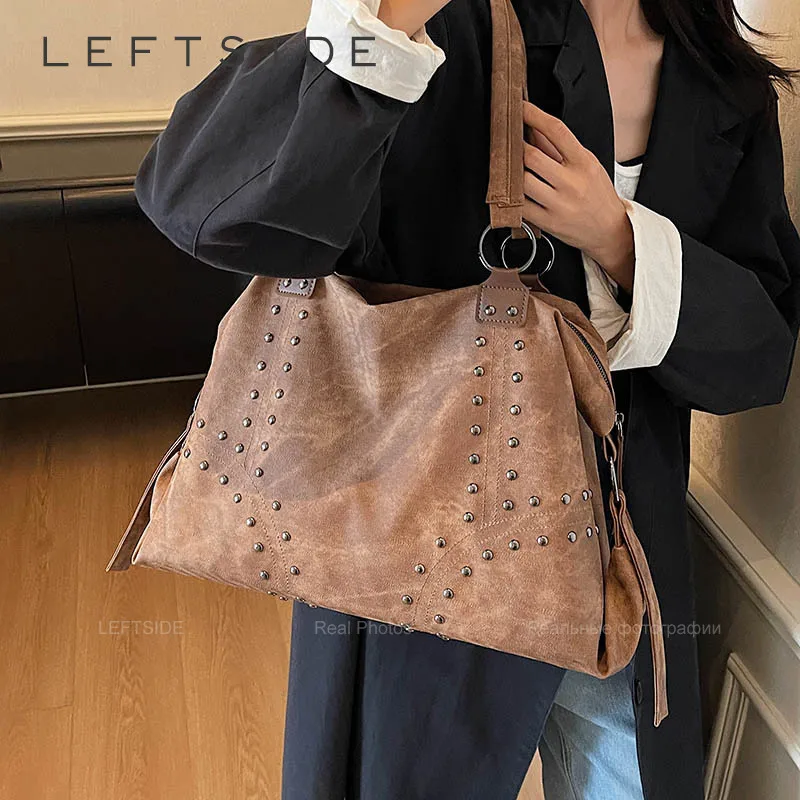 

LEFTSIDE High-capacity Rivets Design PU Leather Pillow Bags for Women 2025 New Punk Style Trend Female Shoulder Bag Handbags