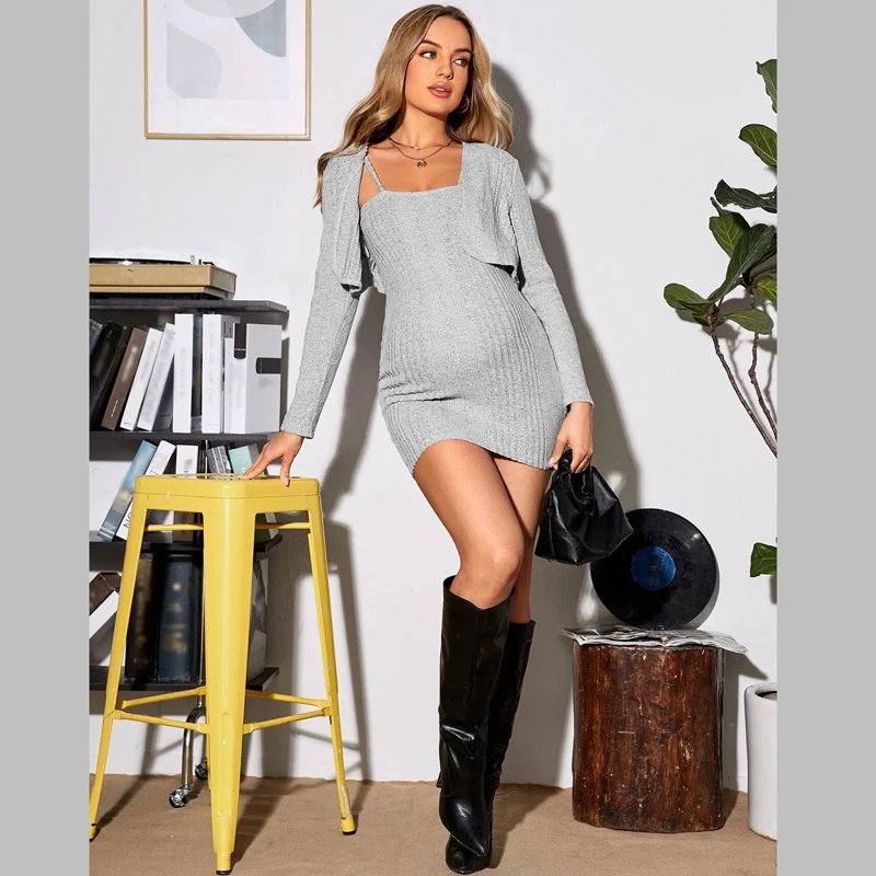 Rib Knit Suspender Maternity Dresses Square Collar Elegant Shawl +Dress Classic Commuting Comfort Versatile Sexy Pregant Wear