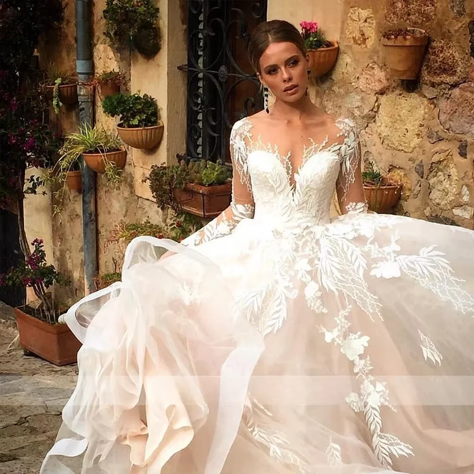 

Customized Wedding Dresses For Women Princess Appliques Tulle Backless Long Sleeve Boho Wedding Gown Vestidos De Novia