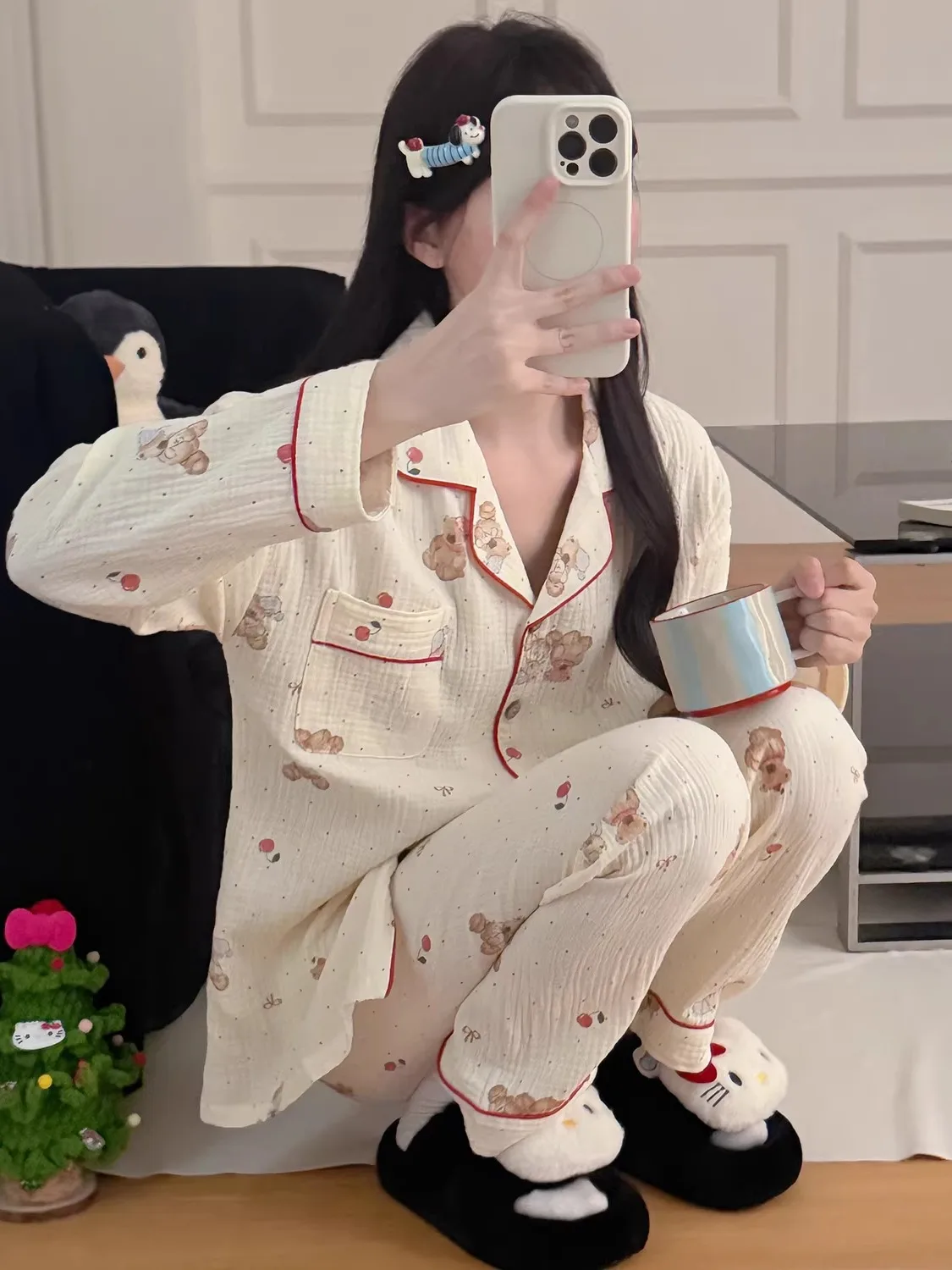 

Spring Autumn Cotton Pajamas Long Sleeve Cartoon Bear Japanese Style Home Clothes Set for Women Comfortable Breathable Sleepwear