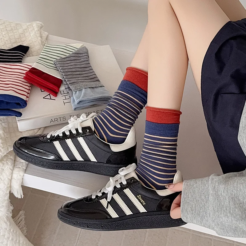 Striped Socks Women Autumn and Winter New Contrasting Color Women's Socks Breathable Cotton Casual Streetwear Medium Tube Socks