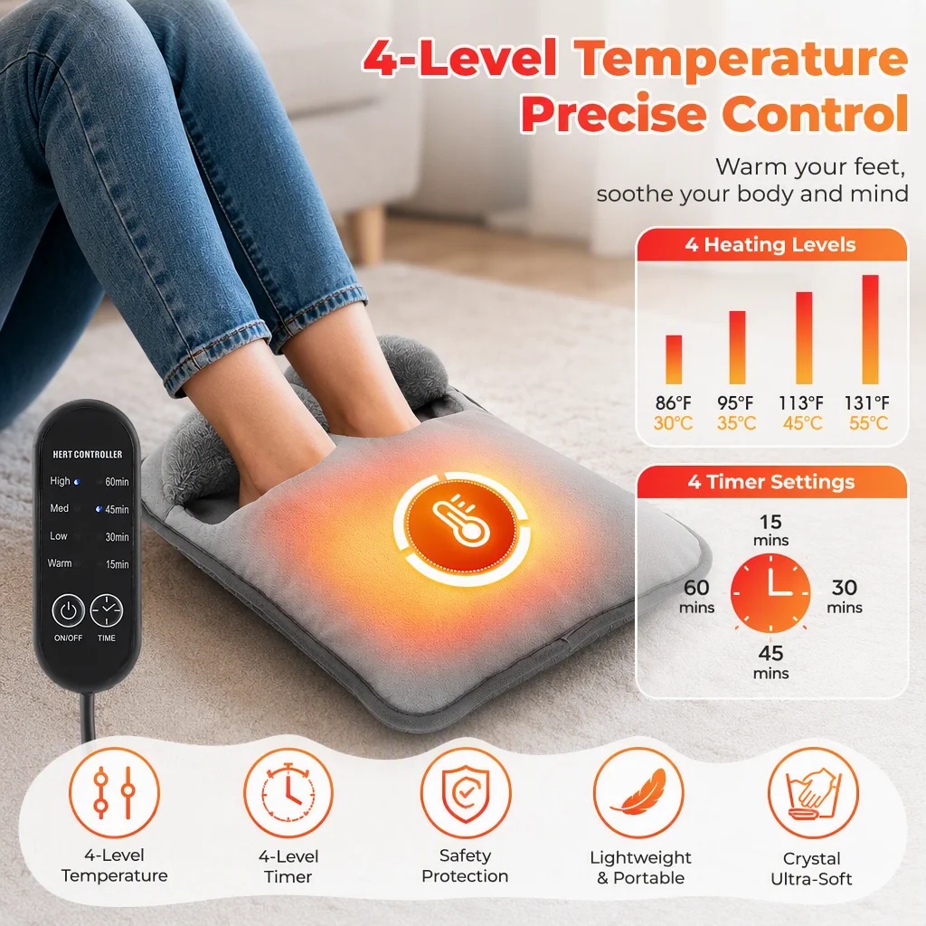 Electric Foot Heating Pad Household Foot Warmer Heater Mat with 4 Heat Levels & 4 Timers Fast Heating for Bed Office Winter Use