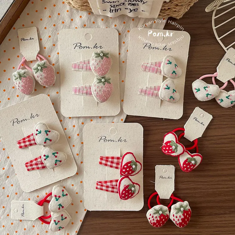 Korean Bangs Clips 2pcs Set with Hair Bands Cute Strawberry Heart Fabric Clips for Girls No Snag High Elastic New 2025 - Detail 1