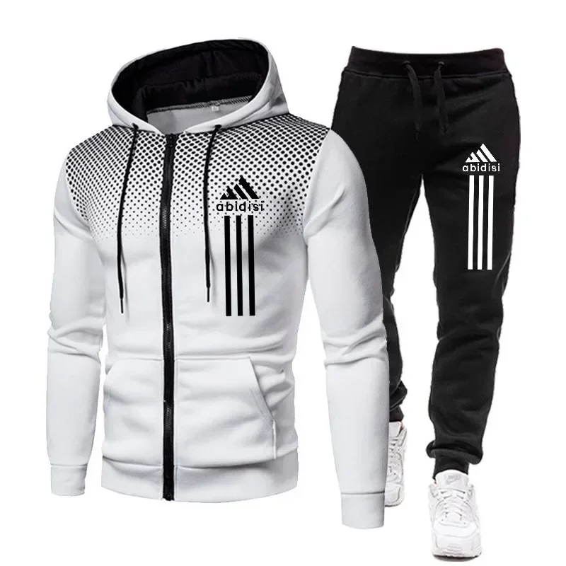 2024 men\'s autumn and winter new outdoor leisure fitness jogging sports suit zipper jacket hoodie + sports sweatpants two-piece