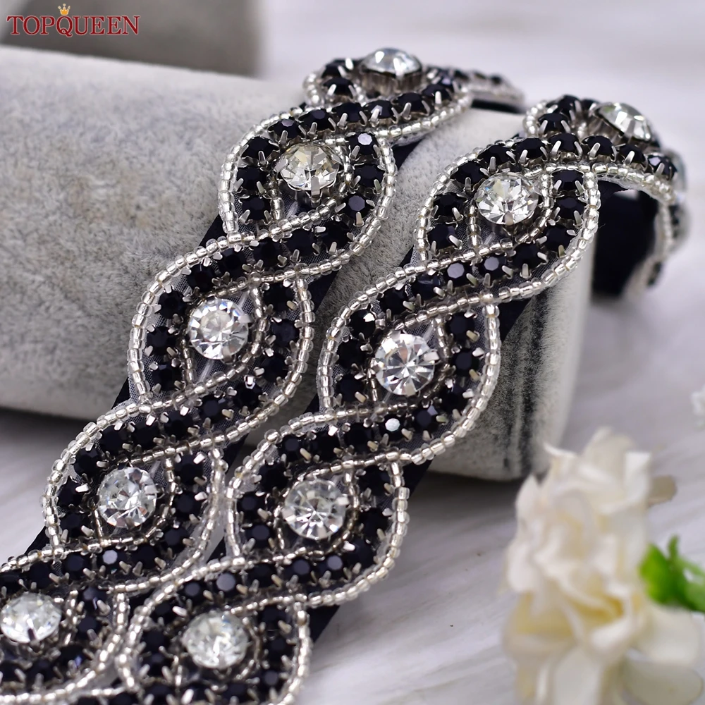 TOPQUEEN Popular Black Stone Evening Dress Gown Belt Full Rhinestone Applique Bridesmaid Belt Wedding Accessories S28-BK