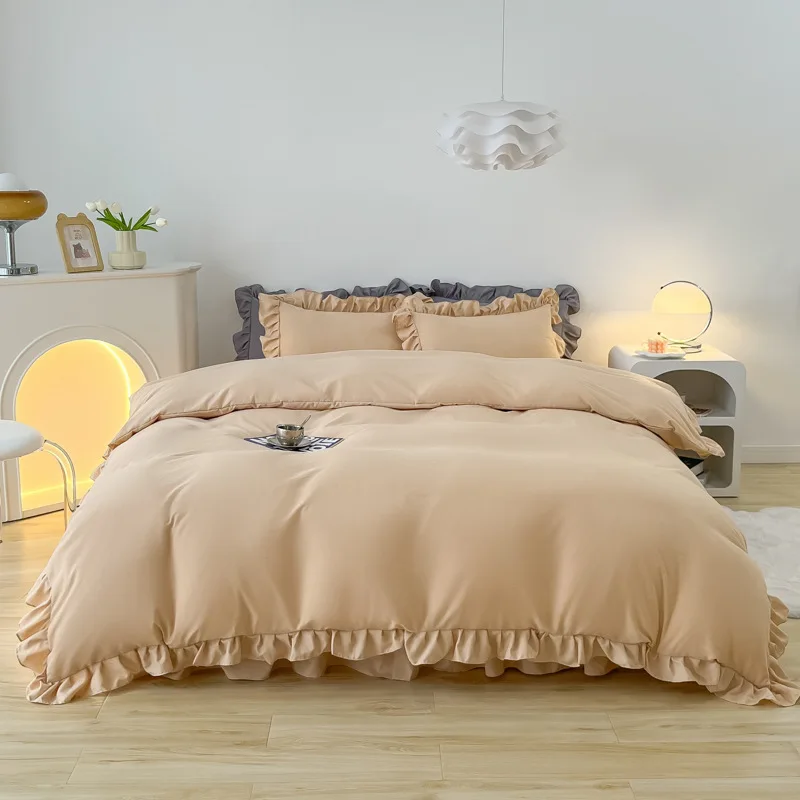 

Korean Princess Ruffle Bedskirt Bedding Set Washed Cotton Duvet Cover Bed Linen Sheets Dreamy Contrast Color Fashion Dorm Room