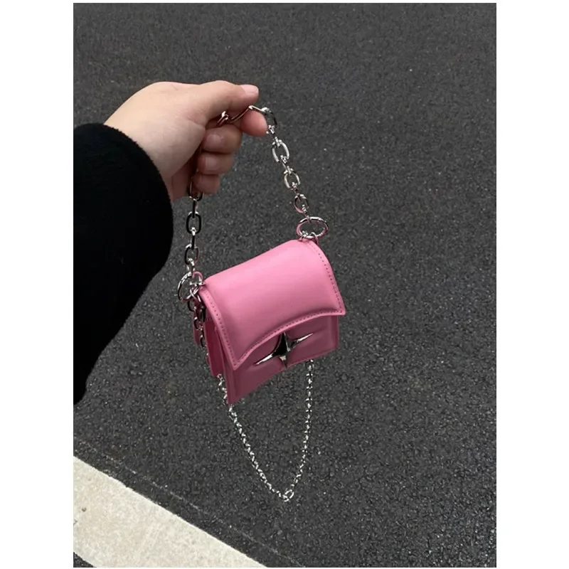 Bolso de hombro con cadena pequeña para mujer, bandolera gótica de cuero PU, color rosa, Estilo Vintage coreano, Y2K