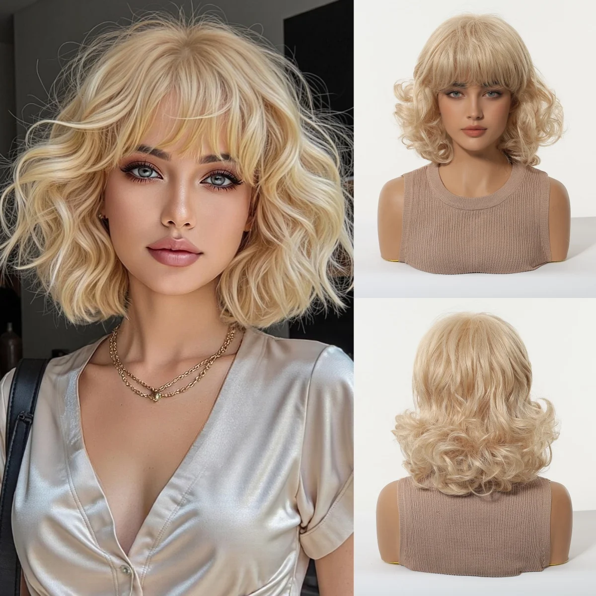 

HENRY MARGU Short Wavy Blonde Synthetic Wigs Natural Bob Hair Wigs With Bangs Daily Cosplay Wig for Women Heat Resistant Fiber