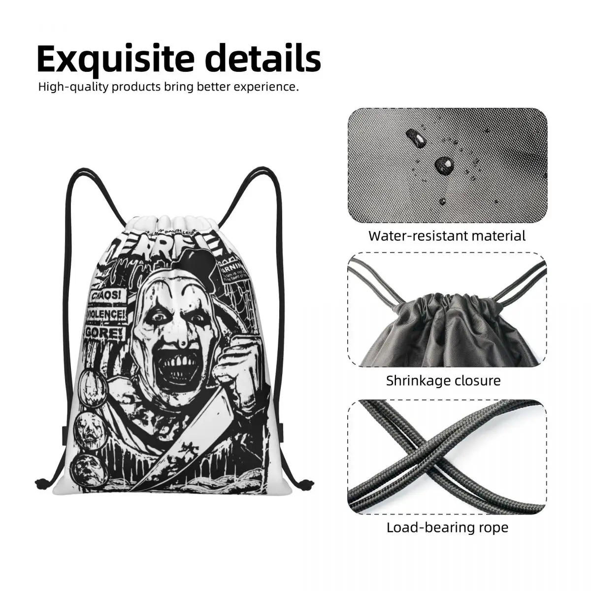 Terrifier Drawstring Backpack Women Men Gym Sport Sackpack Portable Horror Movie Halloween Clown Training Bag Sack