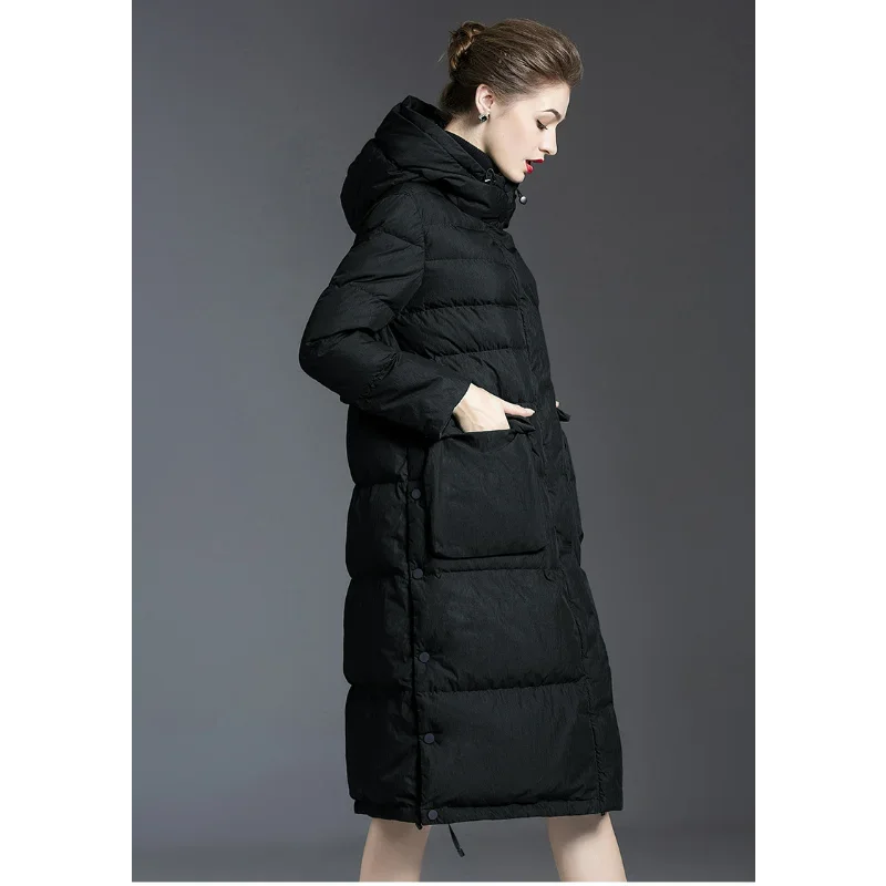 ダークグリーンの大きなサイズのフード付きパファージャケット、レディース高級ダウンコート、冬用ルーズな膝丈、欧米風トップス