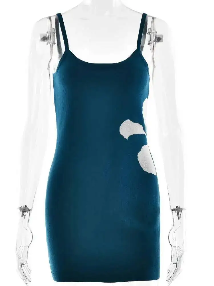 니트 프린트 휴가용 섹시 백리스 여성 드레스 블루 스파게티 스트랩 미니 드레스 여성 여름 신상 캐주얼 비치웨어