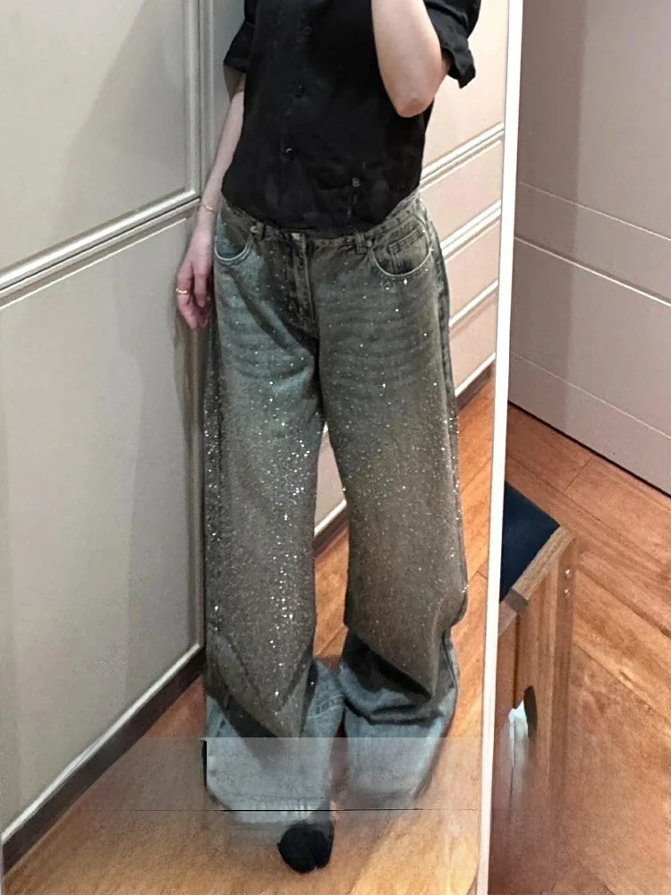 

Glittering Diamond Loose Floor-Length Wide Leg Jeans Women's Spring 2026 Trendy Sexy Retro Style Low Waist Zipper Closure