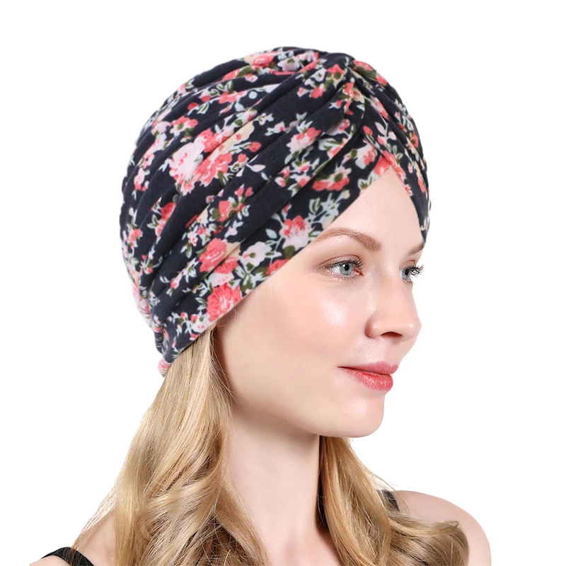 Knotted Ruffle Turban Ladies Soft Cotton Headscarf Casual Printed Female Muslim Hijab Indian Hats Cancer Chemo Cap Turbante