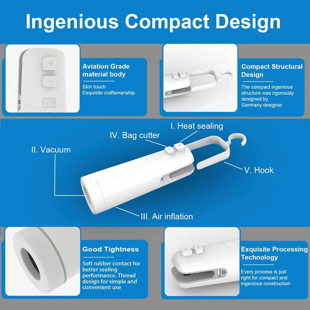 Rechargeable Handheld Vacuum Sealer Machine, Heat Sealer Cutter Inflation Tool, Food Bag Saver Packing Sealing System