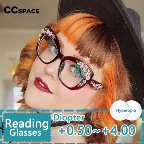 Imagen 2 del producto R54442 Gafas de presbicia de flores cuadradas con montura grande de lujo para mujer, montura de gafas de ordenador de moda.+50~+100~+150