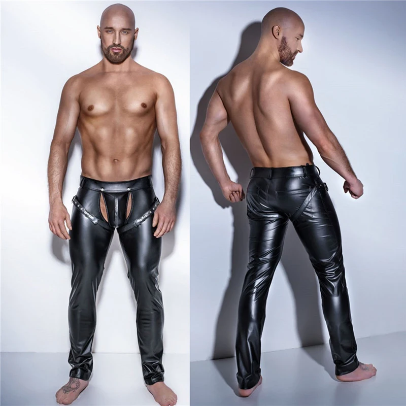 Sexy Erotic Men Faux PU Leather Pants Male Wetlook Latex Trousers Open Front Exotic Clubwear Gay Fetish PVC Pants Clubwear