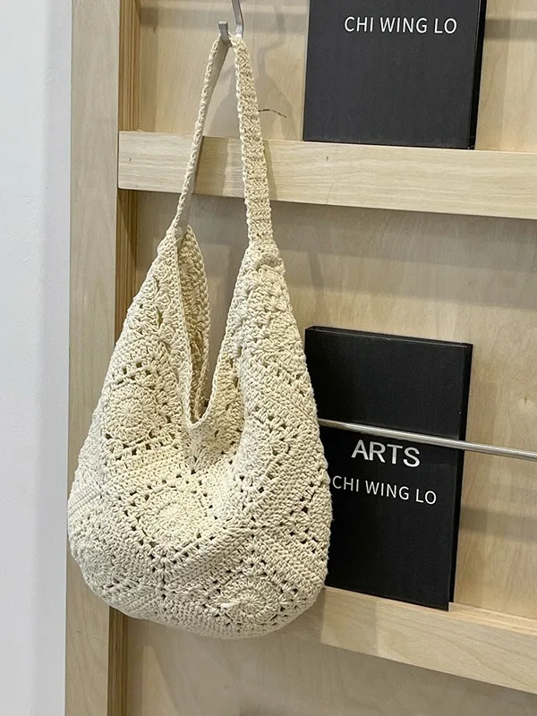 Handmade Crochet Cotton Wool Grandmother Lattice Hollow Flower Woven Women's Bag Straw Woven Holiday Beach Shoulder Bag