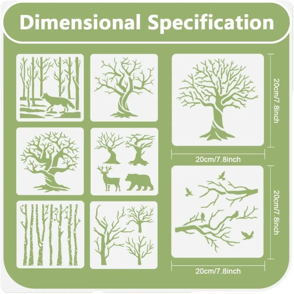 8 Pack Reversed Branches Wall Stencil Templates 7.8 x 7.8 Inch Plastic Reusable Tree Trunk Art StencilsFabric Furniture