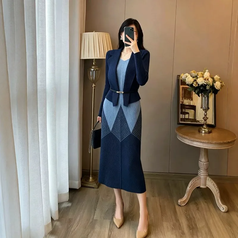 2026 New Miyake Pleated Dress Set Autumn Suit Collar Diamond Pattern Cardigan+Matching Color Dress Fake 2-Piece Pleats Dress