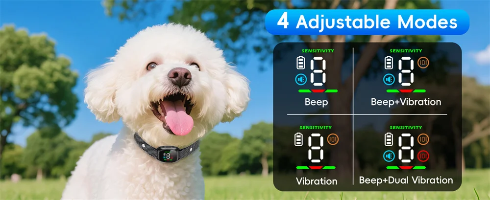 �Intelligentes wiederaufladbares Anti-Bell-Halsband für Hunde, Vibration, 4 Modi, 8 Empfindlichkeit, IP67, wasserdicht, für kleine, mittelgroße Hunde, 5–15 lbs ​ – Detail 4