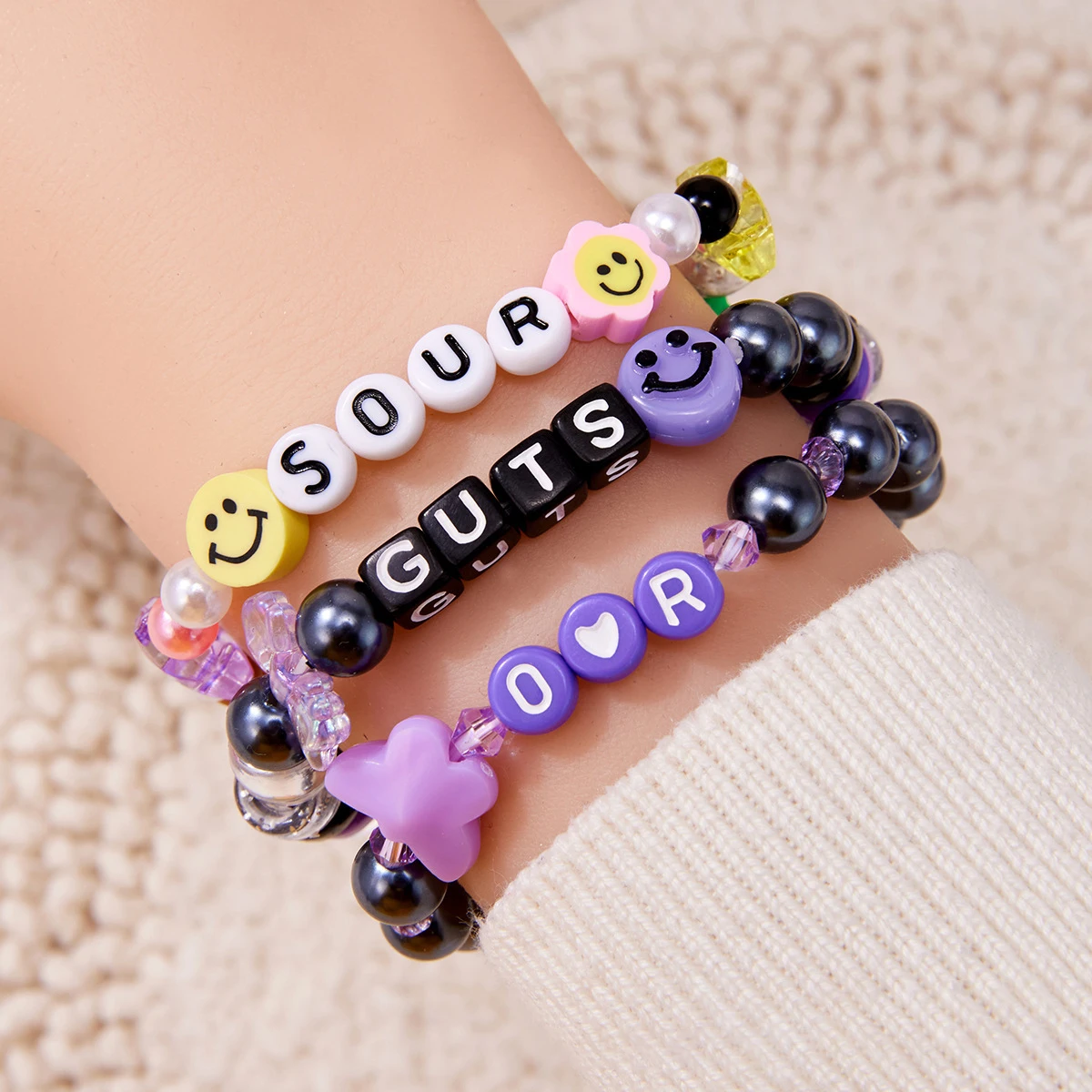 3 PCS SET SOUR Ro Guts Inspired Friendship Stretching Bracelet Purple Acrylic Beads Olivia Fan Bracelet Wholesale