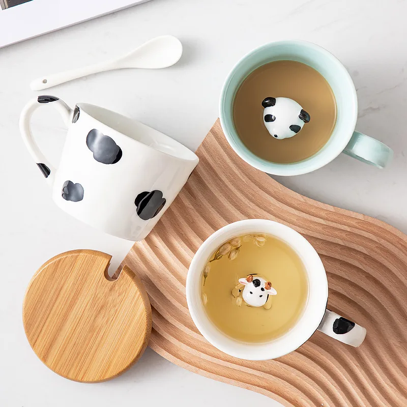 Cartoon Ceramic Coffee Cup Three-dimensional Panda Decoration Mug with Lid Spoon Exquisite Home Breakfast Milk Mug Kids Gift New