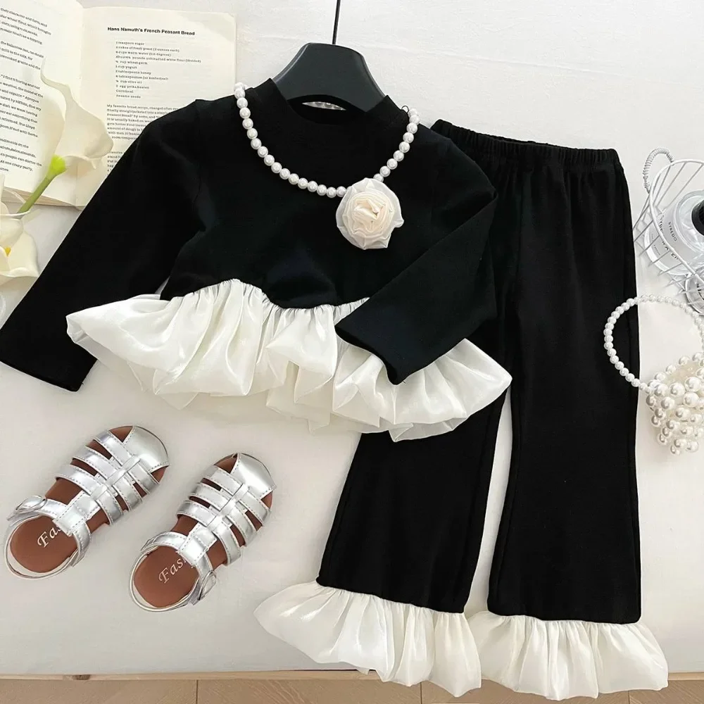 Spring Fashion New Black Girls' Set Autumn Long Sleeved Patchwork Top + Pants Korean Version Plain Color Children's Clothing