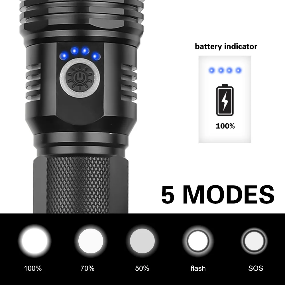 High Lumens Rechargeable LED Flashlight 5 Modes Powerful Handheld Flash Light Zoomable Camping Torch 18650/26650 Battery Lantern