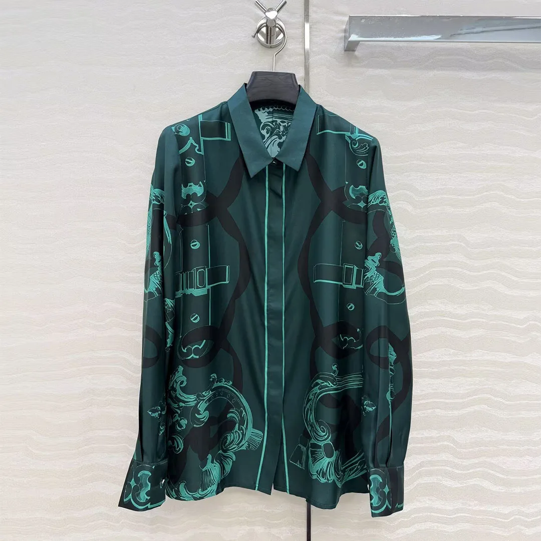 

French Elegant Office Lady 100% Silk Shirt Women Vintage Dark Green Totem Print Lapel Long Sleeve Loose Blouse