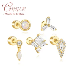 CANNER 1Pc 925 Silver Stylish Clover Opal Zircon Stud Earrings For Women Irregular Diamond Flat Back Puncture Ins Fine Jewelry