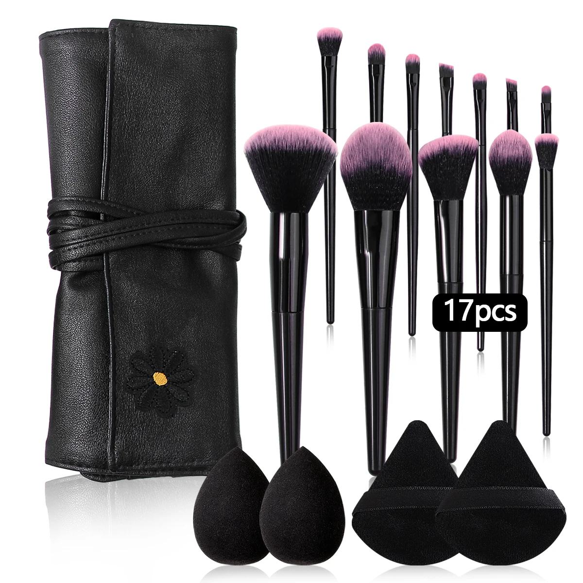 17PCS portable set 12pcs makeup brush set, 2pcs triangular powder puff, 2pcs non-powder makeup egg, 1pcs makeup brush strap bag