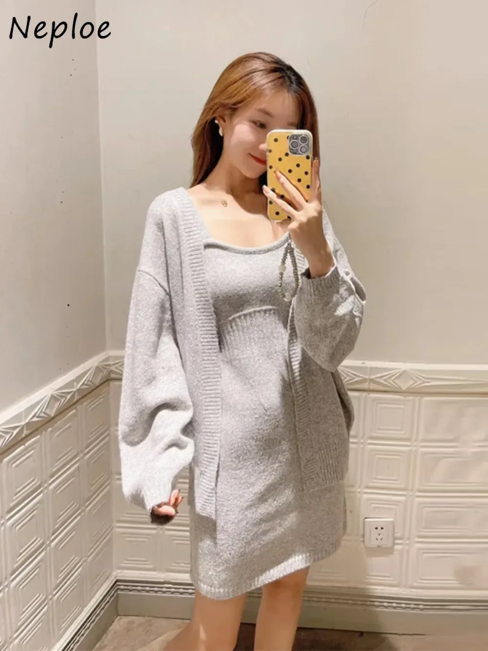 Neploe New Elegant Long Sleeve Set Cardigan Sling Strapless Patchwork Slim Fit Robe Japanese Knit Moda French Style Suit Dress