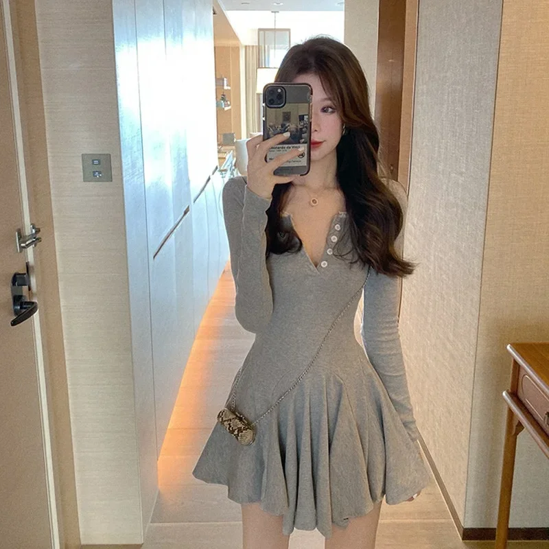 

Women Cotton Korean Casual V-Neck Lace Button Long Sleeve High Waist Puffy Mini A-line Dresses Y2k Elegance Sweet Korean Vestido