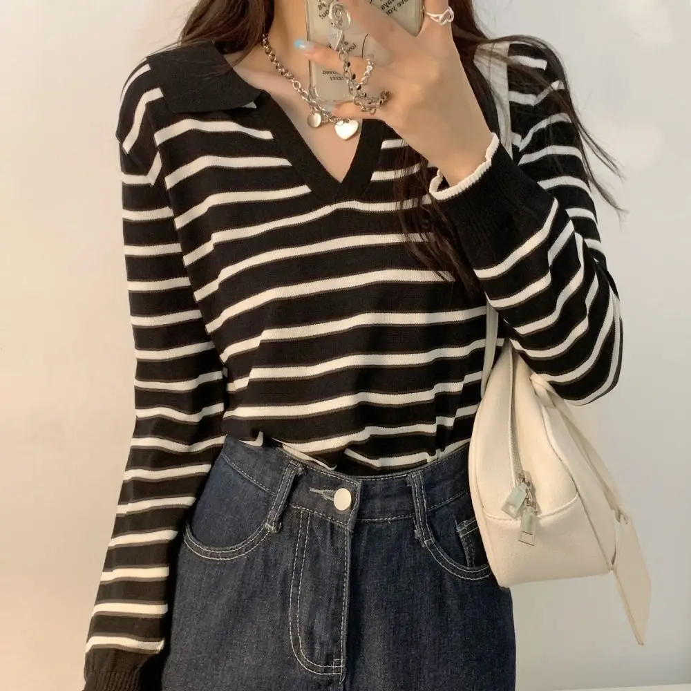 Elegante decote em v listra manga longa topo fino ajuste fino y2k retalhos malhas lapela pulôver listra camiseta mulher