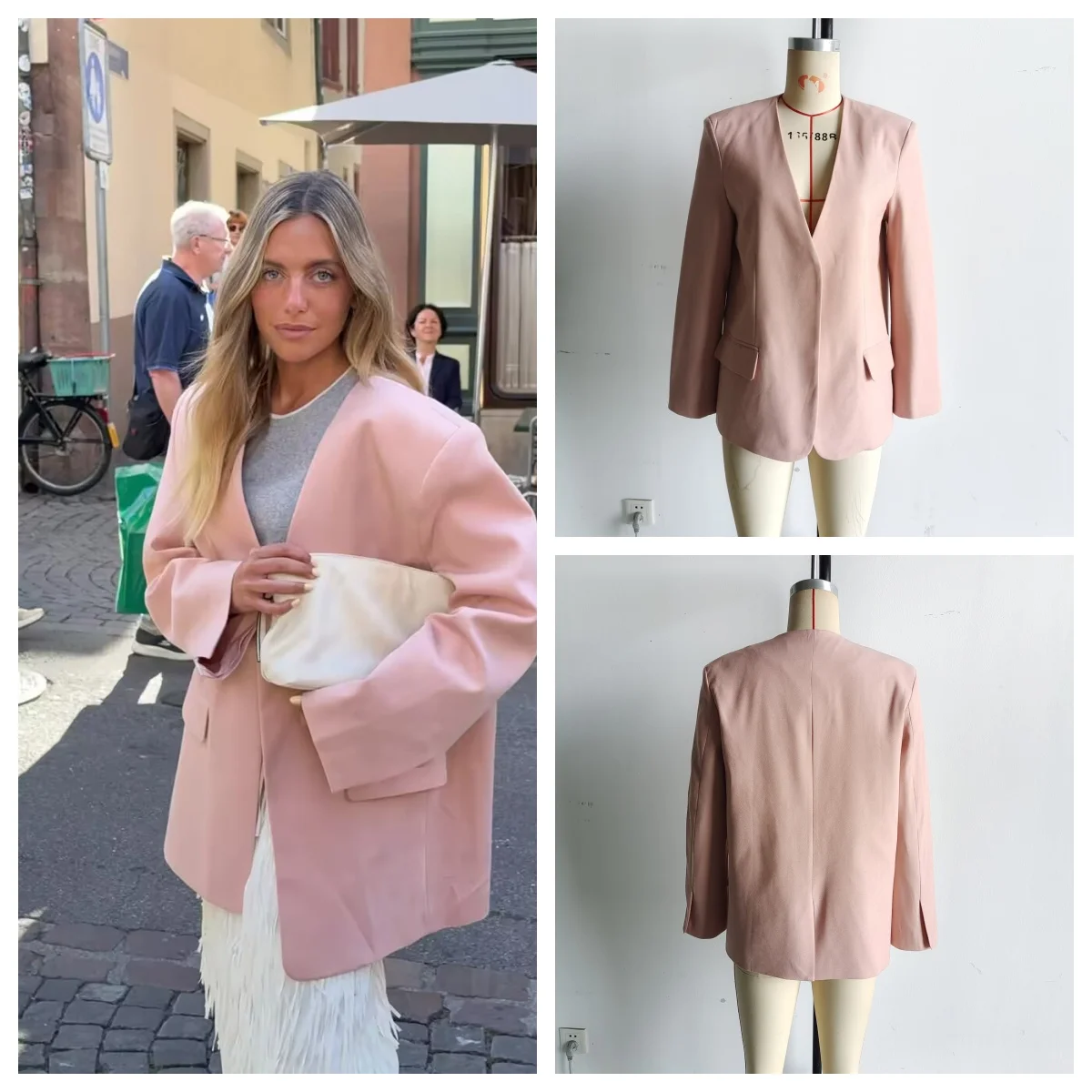 

European and American style 2025 early autumn new temperament versatile V-neck loose casual pink suit jacket