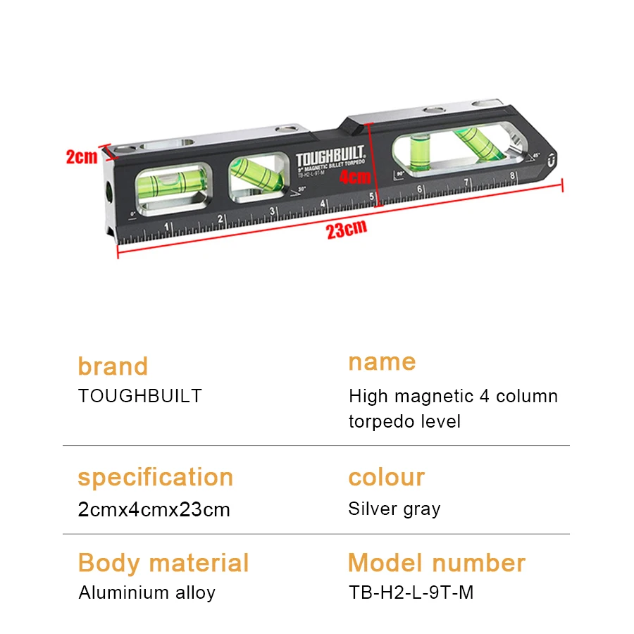 TOUGHBUILT Magnetic 4 Bubble Spirit Level 9 inch 230mm Horizontal Ruler Billet Material Level TB-H2-L-9T-M