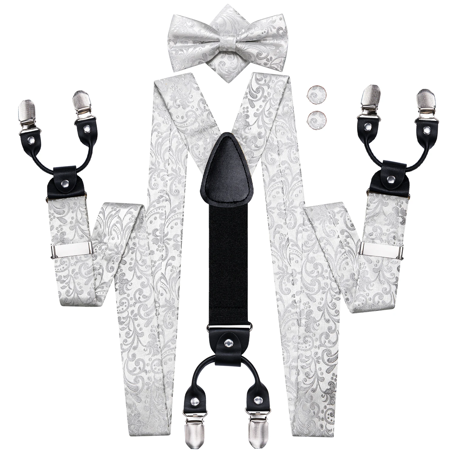 Hi-Tie Jacquard Floral Silver Silk Mens Braces Bowtie Hanky Cufflinks Set Adjustable Clip On Suspender Bow tie for Male Stylish