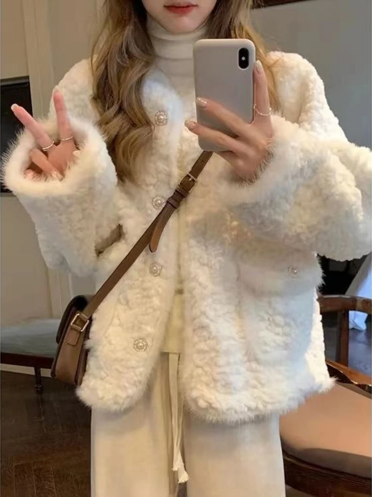 

Y2k Aesthetic Winter Lambswool Patchwork Fairy Grunge Single-Breasted Casual Loose Coat Harajuku Women's Warm Pockets