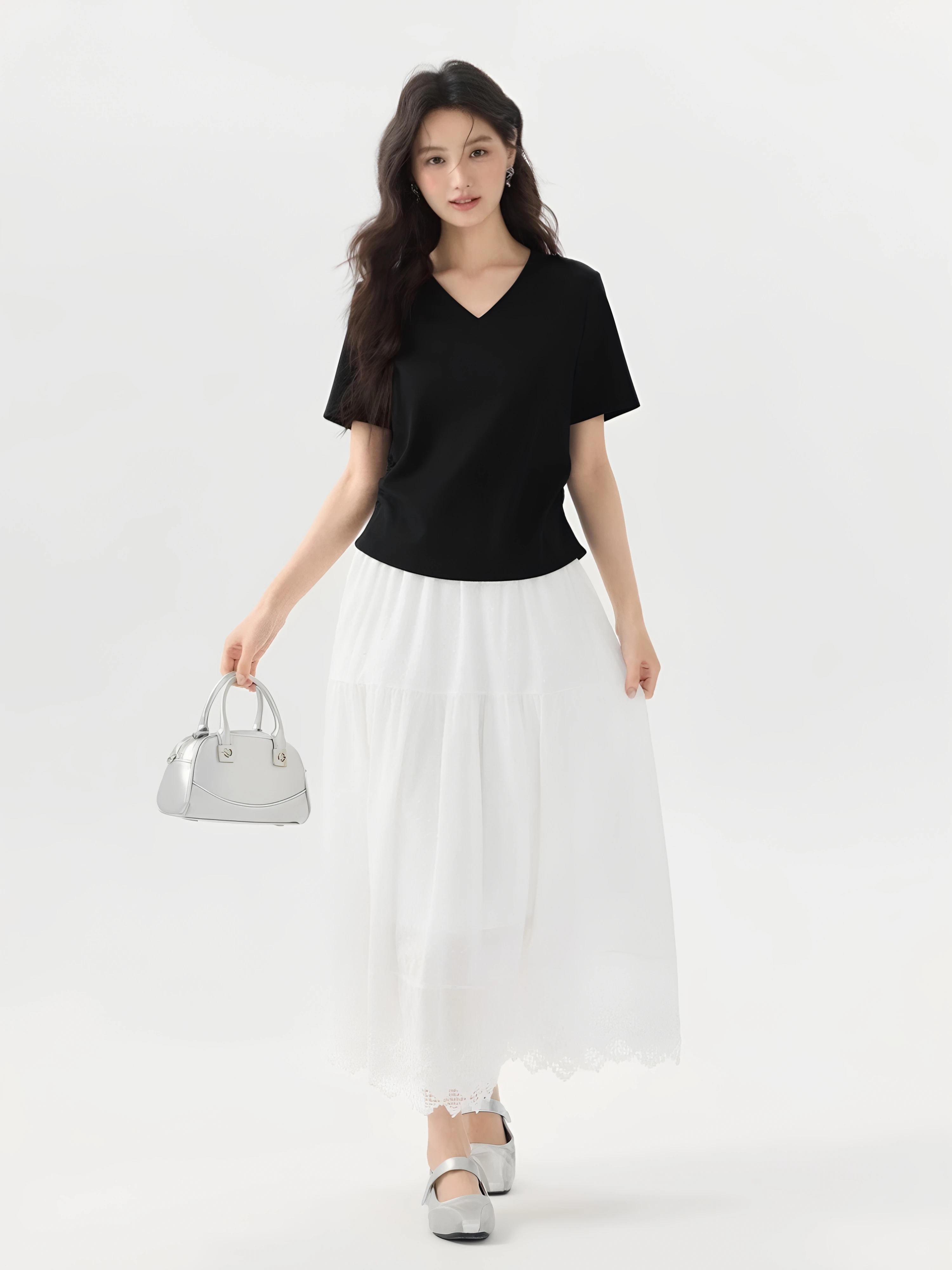 Loose Cotton V-Neck Short Sleeve T-Shirt Women Summer New plus Size Conceal Meat Slimming Shoulder Pure Color Top