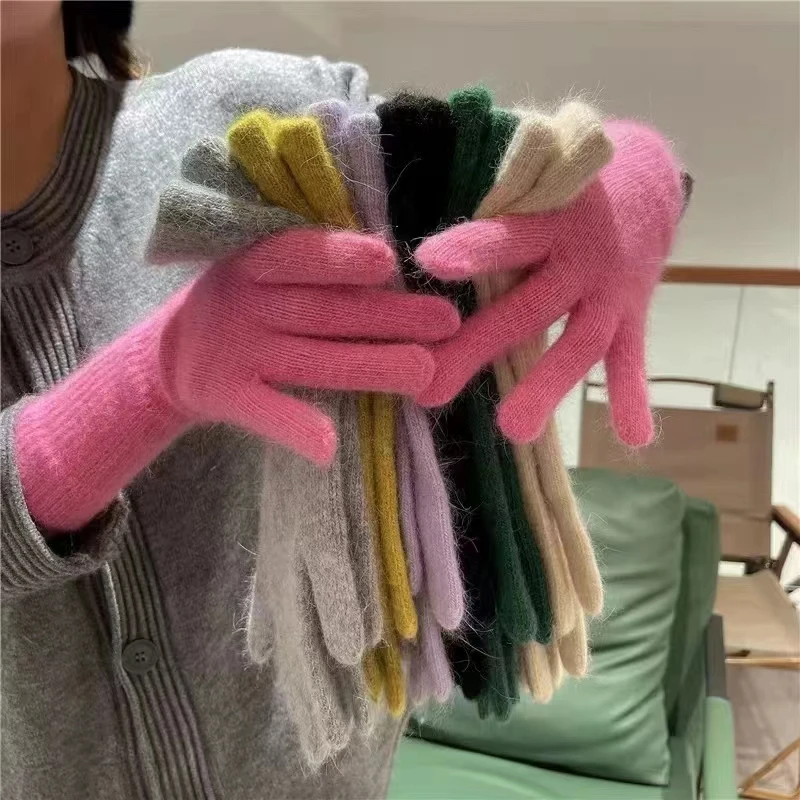 Guantes elásticos de dedos completos para mujer, manoplas largas de lana de conejo, mitones de Color sólido, guantes gruesos y cálidos para