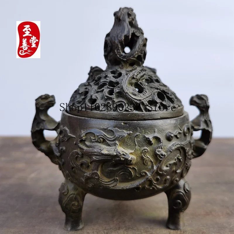 Antique-style copper incense burner with a patina effect, designed for living room decoration, featuring a dragon-shaped lid and