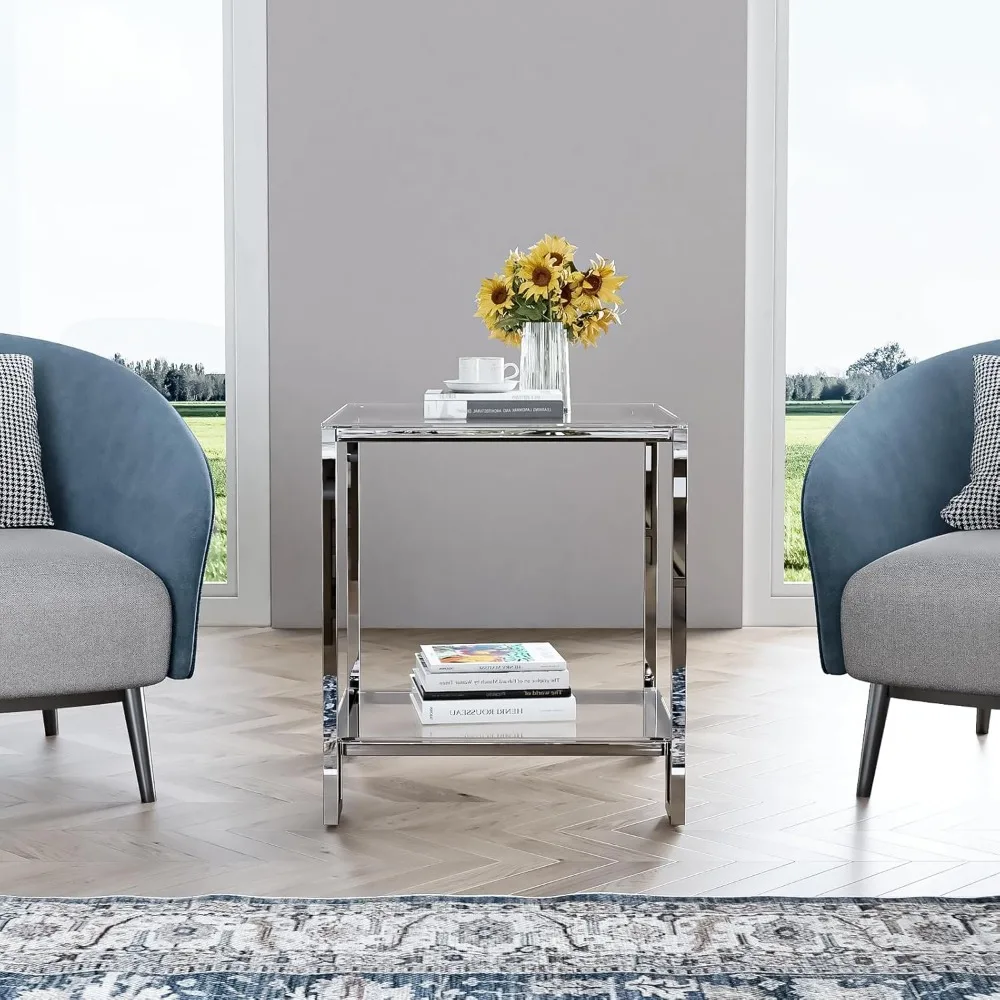 طاولة جانبية مربعة الشكل بطبقتين مع سطح من الزجاج المقسى وإطار فضي من الفولاذ المقاوم للصدأ وحامل ليلي حديث للمساحات الصغيرة #6