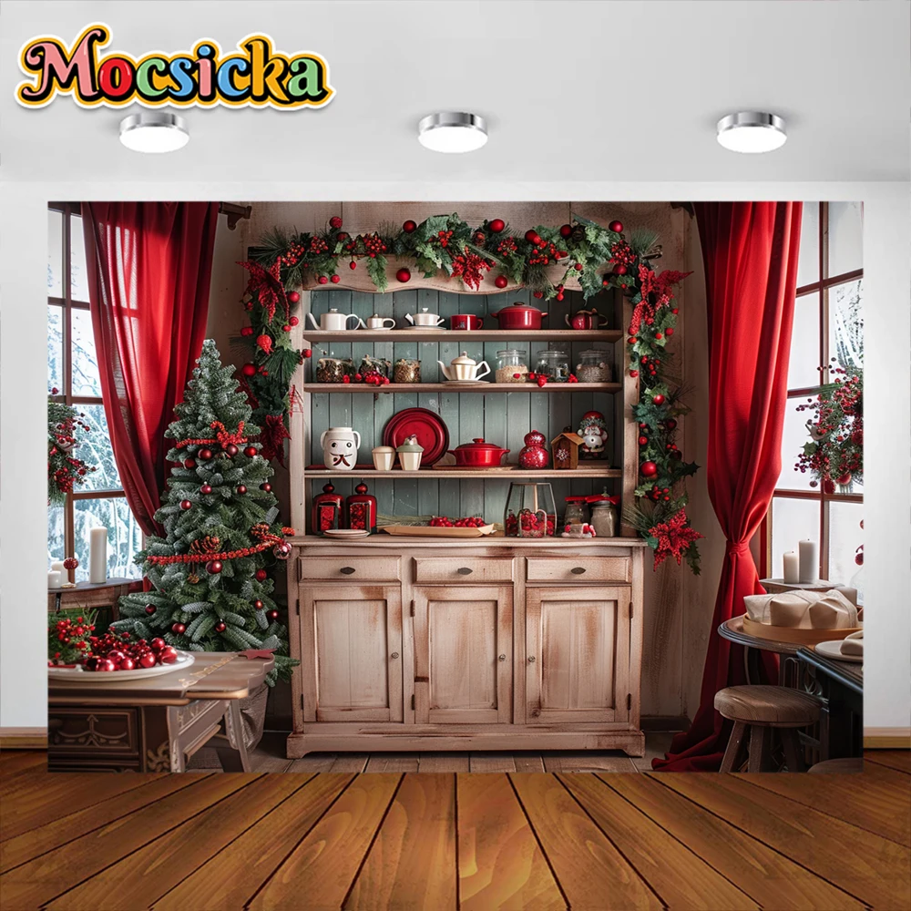 Weihnachts küche Fotografie Hintergrund Girlande Weihnachten Baum Schrank Vorhang Party Decora liefert Erwachsenen Kidspor trait Studio Requisiten