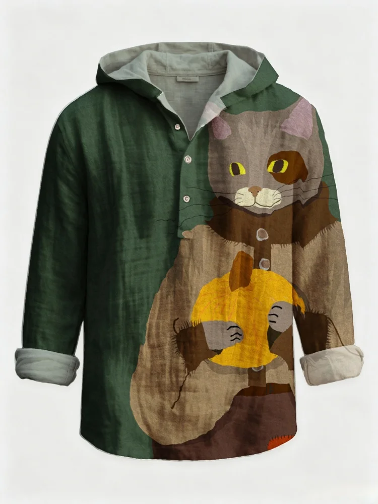 Mens Casual Fall Hooded Henley Shirt Halloween Collage Art Cat Holding Pumpkin Graphic Print Long Sleeve Shirts Oversized