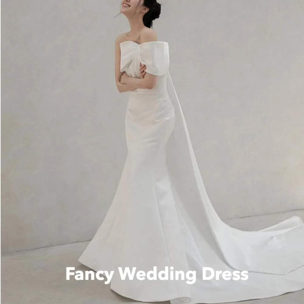 

Fancy Elegant One Shoulder Korea Wedding Dress Photography Elastic Satin Mermaid Bridal Gown Floor Length Back Zip