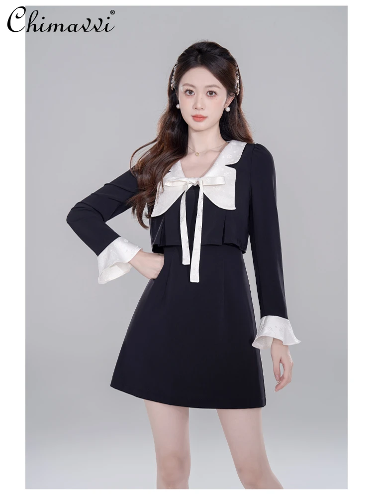 

French Elegant Sweet Preppy Style Doll Collar Bow Long Sleeve High Waist Slim Fit A-line Temperament Black Dress Women Autumn